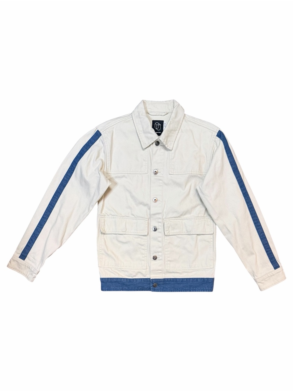 Original Use - White Denim Jacket with Blue Sleeve Stripes